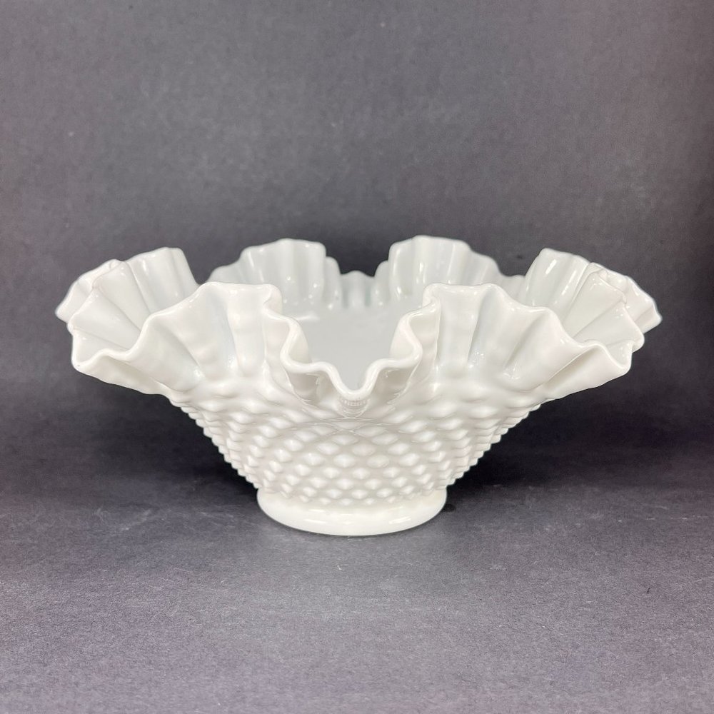 Vintage Fenton Bowl White Milk Glass Hobnail Ruffled Crimped Top 3924 50s